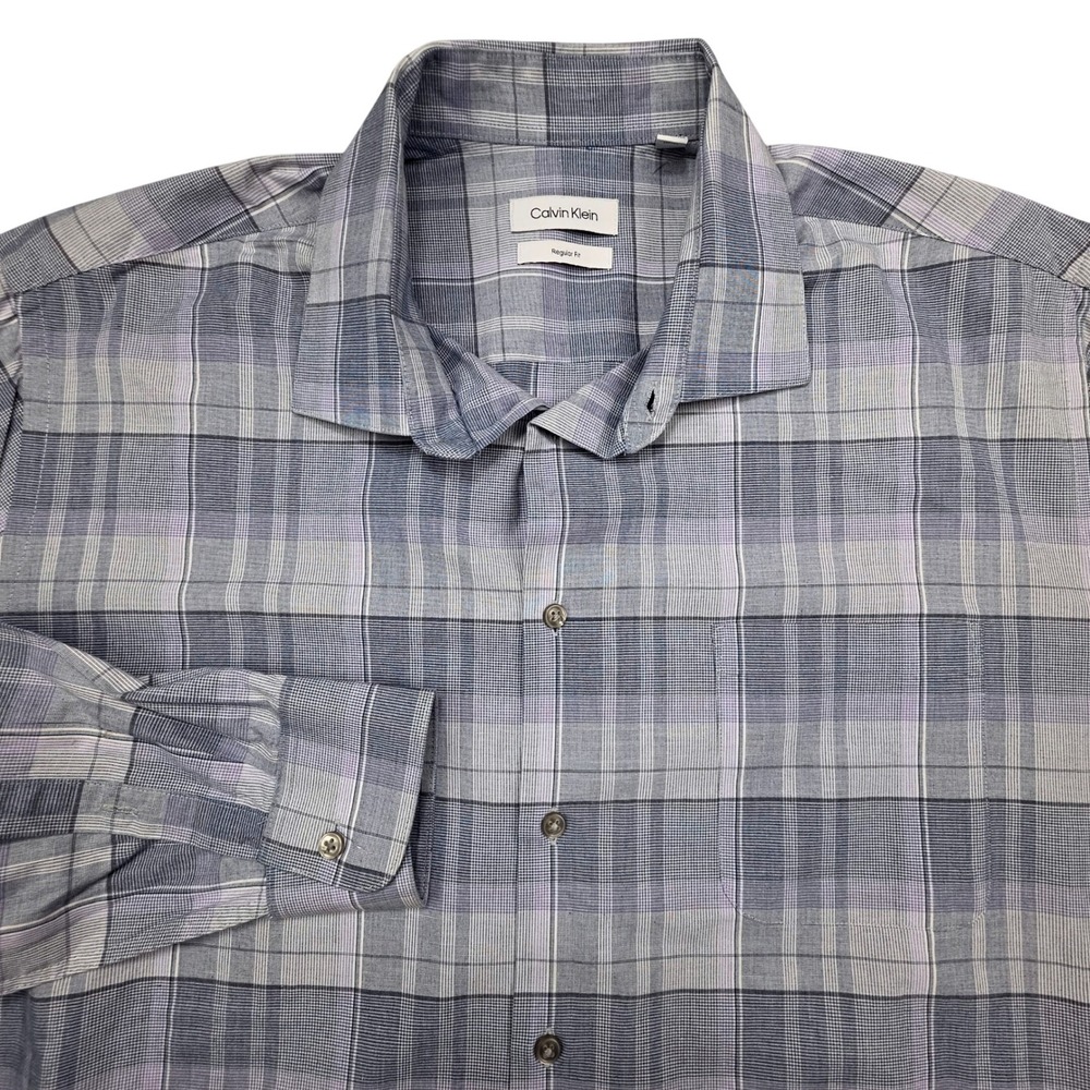 Calvin Klein Mens XL Regular Fit Grey Purple Plaid Long Sleeve Button Down Shirt